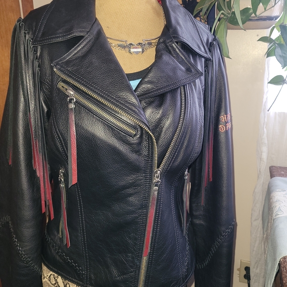 Harley-Davidson Black Leather Jacket with Red Fringe - Picture 2 of 14